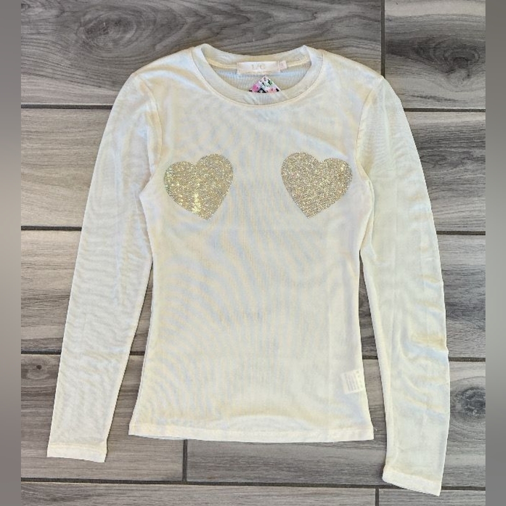 Heart & Hips White Long Sleeve Top with Gold Heart Accents